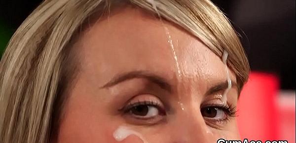  Foxy peach gets jizz shot on her face gulping all the sperm